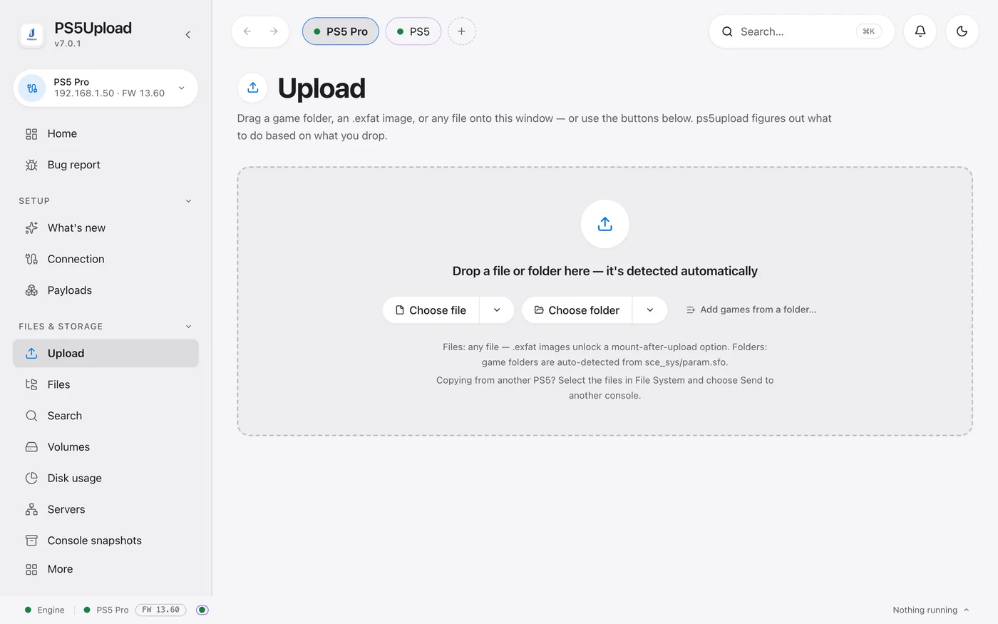 Upload: drop a file or folder and it is detected automatically.
